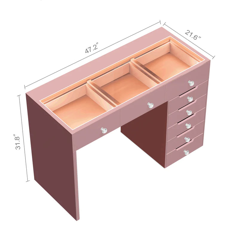 Pink Vanity Desk - 8 Storage Drawers