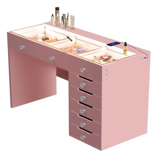 Pink Vanity Desk - 8 Storage Drawers