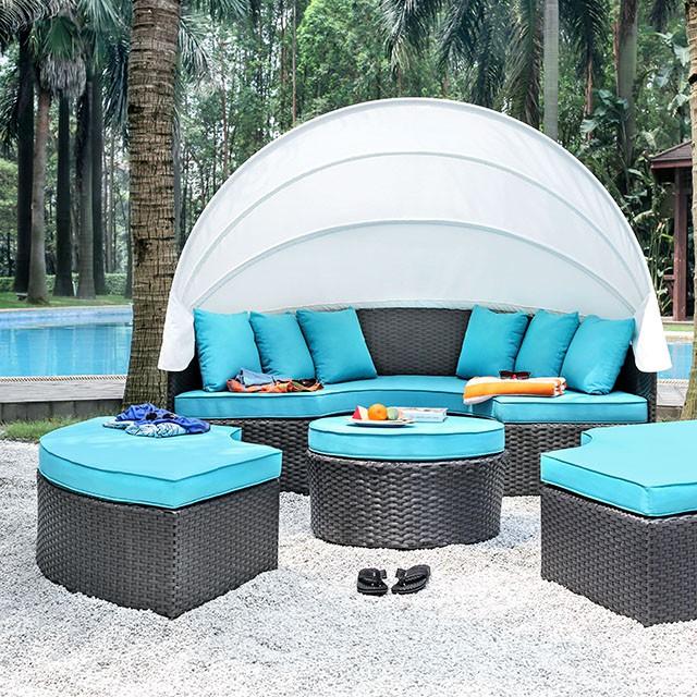 ARIA Light Brown Wicker/White Awning/Turquoise Cushion Patio Canopy Daybed